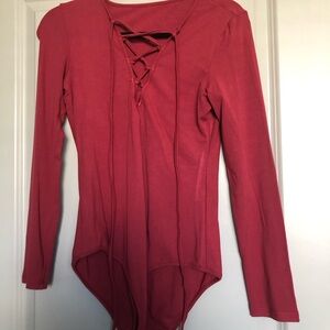 Red Long Sleeve Tie Front Bodysuit